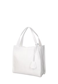 Borsa tote in pelle bianca con due manici corti, forma rettangolare, texture liscia, con un piccolo etichetta attaccata da un sottile cinturino.