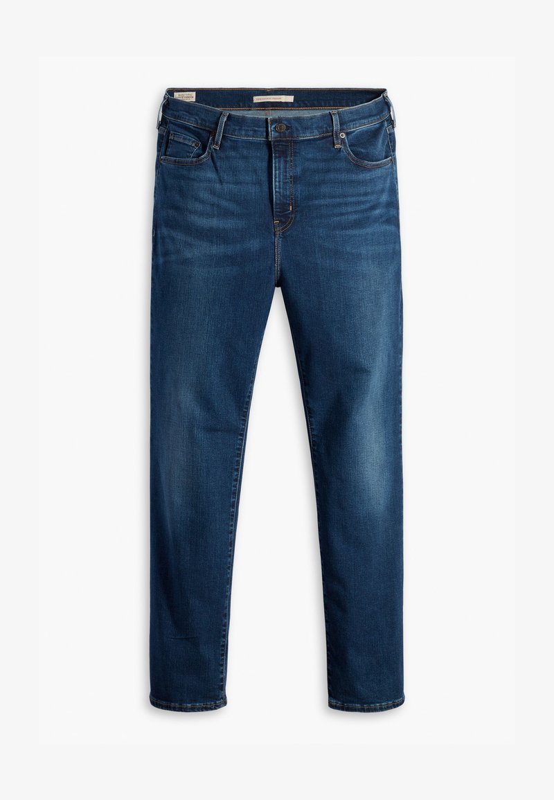Jeans di denim blu scuro con taglio dritto, cuciture visibili, cinque tasche e chiusura a bottone metallico in vita. Tessuto liscio.