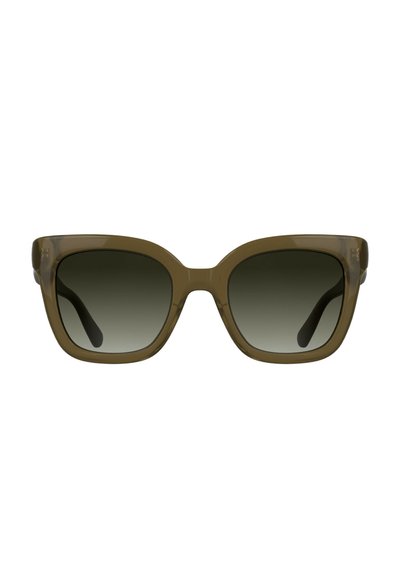 Lunettes de soleil oversize vert olive avec des verres à dégradé foncé, des montures épaisses en plastique transparent et des branches noires fines.