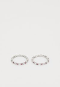 Silver-tone hoop earrings featuring alternating clear and pink rhinestones in a geometric design. Smooth, shiny finish with secure closure.