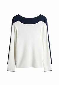 Hosszú ujjú pulóver fehér testtel �és tengerészkék vállpanellel. Széles nyakkivágással és kontrasztos tengerészkék részlettel az ujjszéleken.