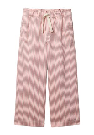 Pantalon à rayures verticales roses et blanches avec taille à cordon de serrage et jambes larges, posé à plat sur un fond blanc.