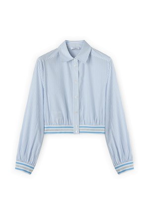 Camicia azzurro chiaro corta con bottoni, righe sottili verticali, maniche lunghe, colletto e polsini e vita elasticizzati a righe.