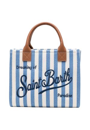 Borsa tote a righe blu e bianche con manici marroni e "Dreaming of Saint Barth Paradise" ricamato in corsivo blu scuro.