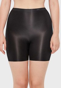 Schwarze, hochtaillierte Shapewear-Shorts, hergestellt aus glattem, dehnbarem Material mit glänzender Oberfläche und einem einfachen Hüftbund.