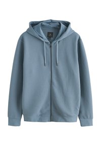 Sudadera con cremallera de color azul claro, con un patrón de diamantes texturizado, cordones ajustables y puños y dobladillo de canalé.