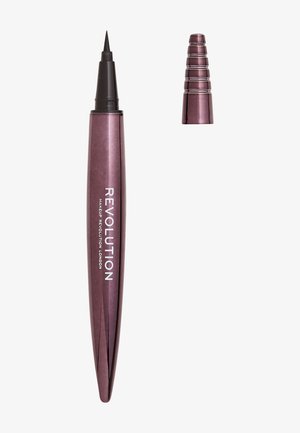 Schwarzer Eyeliner-Stift mit feiner Spitze, metallisch lila Gehäuse, mit dem Text "REVOLUTION" in Weiß. Enthält eine abnehmbare Kappe.