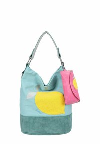Sac hobo en tissu bleu clair, avec un motif texturé de citron jaune. Comprend une pochette rose amovible et une base douce en daim turquoise.