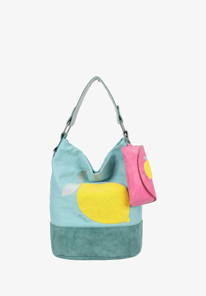 Sac hobo en tissu bleu clair, avec un motif texturé de citron jaune. Comprend une pochette rose amovible et une base douce en daim turquoise.