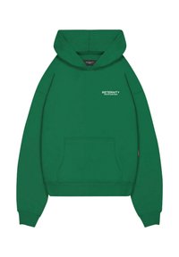 Groene hoodie met een frontzak en ribgebreide mouwen. Bevat witte tekst "RETERNITY CREATIVE DEPARTMENT" op de borst. Zachte stoftextuur.