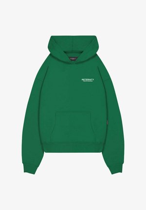 Zelena kapuca s sprednjim žepom in rebrastimi manšetami. Na sprednjem delu ima belo besedilo "RETERNITY CREATIVE DEPARTMENT". Mehka tekstura tkanine.