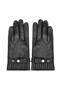 Czarne skórzane rękawiczki z teksturowanym, prążkowanym wykończeniem; posiadają zapięcie na nap, a na palcach i nadgarstku znajdują się stębnowane detale.