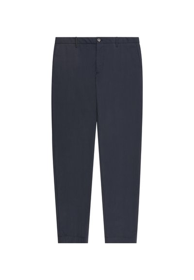 Navy blue trousers with a straight cut, featuring a front button closure, belt loops, and smooth texture. No patterns or accents present.