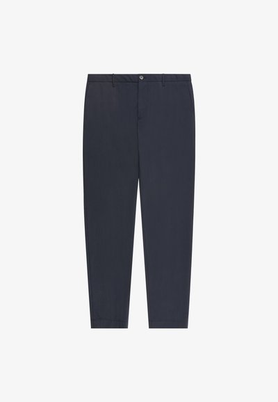 Navy blue trousers with a straight cut, featuring a front button closure, belt loops, and smooth texture. No patterns or accents present.
