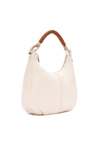 Borsa hobo in pelle bianca, con manico intrecciato marrone, dettagli in metallo dorato e cuciture sul corpo. Texture liscia.