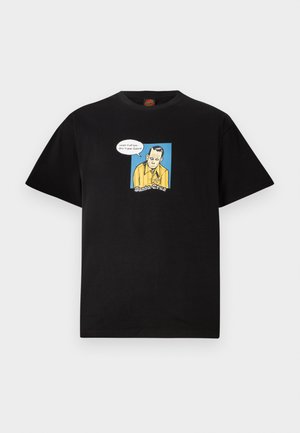 Zwarte t-shirt met korte mouwen met een cartoonman in een geel shirt en een tekstballon die zegt: "Lach maar, zoon... dit is jouw toekomst," met "Santa Cruz."