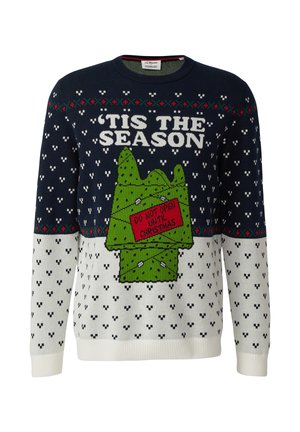 Strickpullover mit einem marineblauen oberen Teil mit weißem Text "'TIS THE SEASON", grünem Weihnachtsbaum-Motiv und einem weißen unteren Teil mit Mustern.