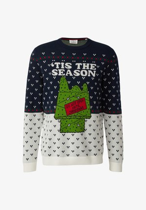Strickpullover mit einem marineblauen oberen Teil mit weißem Text "'TIS THE SEASON", grünem Weihnachtsbaum-Motiv und einem weißen unteren Teil mit Mustern.
