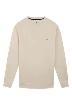 Sweat-shirt beige à manches longues avec col ras du cou, petit logo d'arbre vert sur la poitrine gauche, poignets et ourlet côtelés.