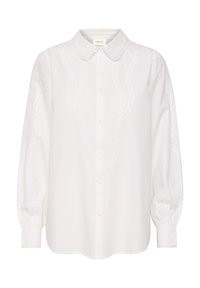 Camasa albă cu guler, decorată cu modele brodate delicate și mâneci lungi plissate. Fabrică din bumbac moale și detalii în formă de scallop.