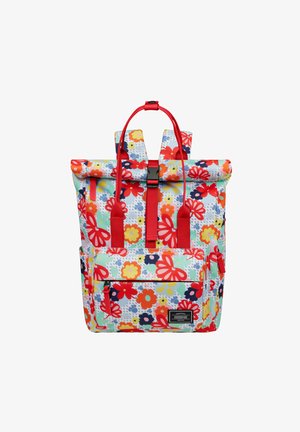 Floral backpack with a light blue base, featuring red and yellow flowers, red straps, and a roll-top design with buckle closure.