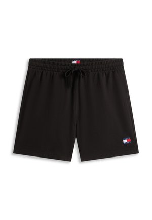 Czarne dzianinowe szorty z elastycznym pasem i sznurkiem, z małą naszywką z logo Tommy Jeans na dolnej prawej nogawce.