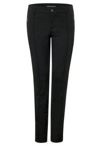 Mustat suoralahkeiset housut, jotka on valmistettu sileästä kankaasta. Housuissa on vetoketjullinen tasku, napin suljenta ja hienovaraiset ompeludetaljit.