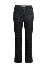 Zwarte jeans met een gestructureerd, patroonontwerp. Heeft een strakke taille, voorzakken en een rechte pijp. Gemaakt van denimstof.