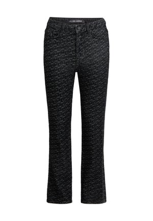 Black jeans with a textured, patterned design. Features a fitted waist, front pockets, and a straight leg cut. Made of denim fabric.