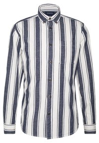 Camicia a maniche lunghe con bottoni, in un motivo a righe blu navy e bianche, con colletto, tasca anteriore e bottoni marroni su un tessuto liscio.