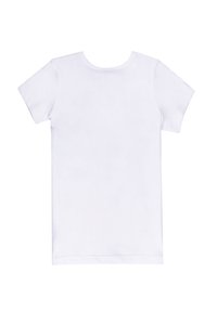 Weißes Kurzarm-T-Shirt aus weicher Baumwolle mit gerundetem Ausschnitt und geradem Saum. Glatte Textur ohne sichtbare Muster.