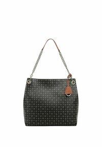 Zwarte handtas met patroon en een gestructureerde afwerking, voorzien van een zilveren kettingband, bruine leren accenten en een zijlabel.