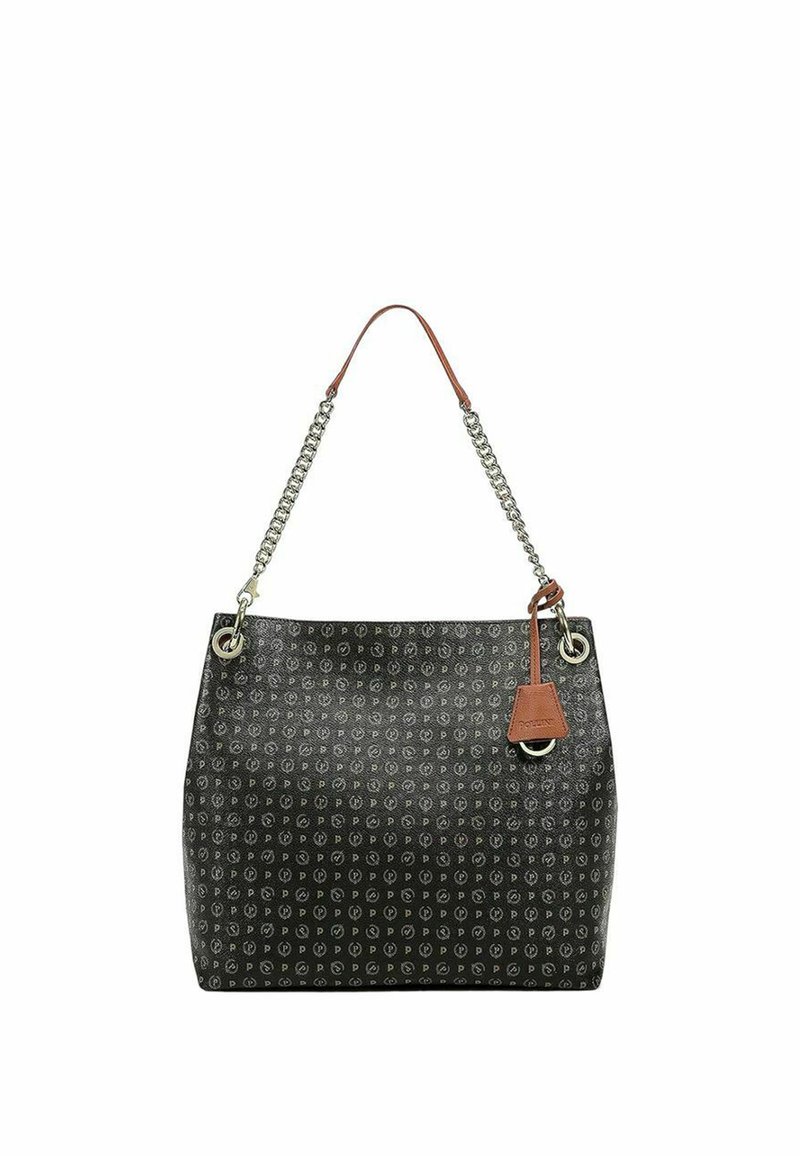 Zwarte handtas met patroon en een gestructureerde afwerking, voorzien van een zilveren kettingband, bruine leren accenten en een zijlabel.