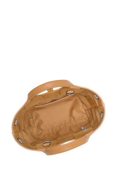 Tan leather handbag with dual handles, smooth texture, and a fabric interior. Features silver hardware and interior pockets for organization.