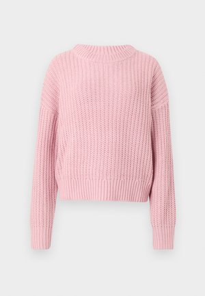 Růžový pletený svetr s žebrovanou strukturou, uvolněný střih, široký kulatý výstřih a dlouhé rukávy, s krátkým stylem a jednobarevným provedením.