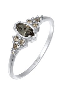 Zilveren ring met een marquise geslepen donker edelsteen omringd door zes kleinere lichtgekleurde stenen, ontworpen met een delicate, gestructureerde band.