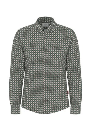 Herrenhemd mit langen Ärmeln, Knopfleiste, grün-weißem kreisförmigem geometrischem Muster und spitzem Kragen.