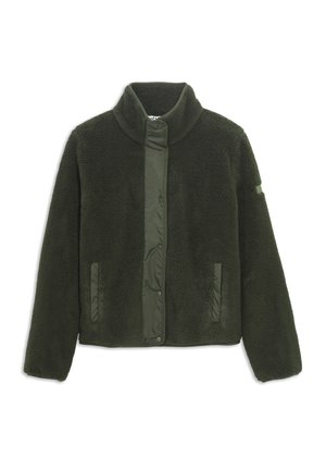 Veste en polaire de couleur vert foncé avec un col montant, fermeture à pression sur le devant et poches latérales ; présente une texture douce et des accents de matériau contrastants.