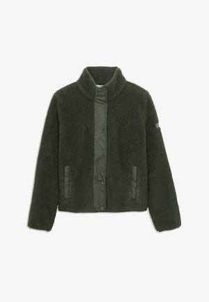 Veste en polaire de couleur vert foncé avec un col montant, fermeture à pression sur le devant et poches latérales ; présente une texture douce et des accents de matériau contrastants.
