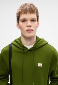 Hanorac verde cu glugă dintr-un amestec de bumbac, cu o etichetă logo, șnururi și o bandă neagră contrastantă. Textură moale, design casual.