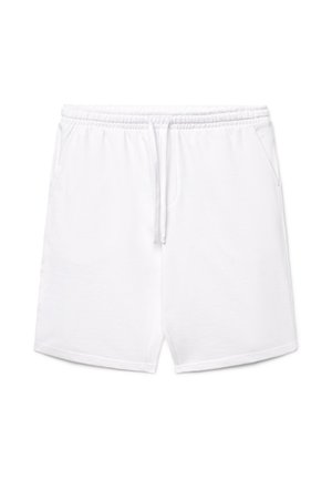 Shorts bianchi con vita elastica, coulisse e tasche laterali, realizzati in tessuto morbido, mostrati su uno sfondo semplice.