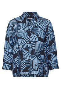Chemise marine ornée d'un motif géométrique bleu avec des lignes courbes variées, un col pointu et des fermetures à boutons sur le devant.