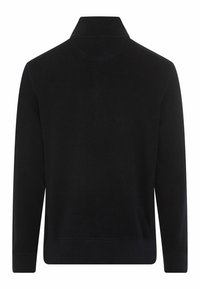 Schwarzer Sweatshirt mit hohem Kragen, langen Ärmeln und gerippten Bündchen. Glatte Stoffoberfläche ohne sichtbare Muster oder Hardware-Details.
