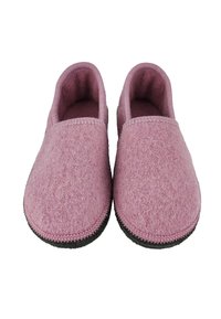 Pink felt slippers with a simple design, rounded shape, and black rubber sole. Accented with discreet stitching along the edges.