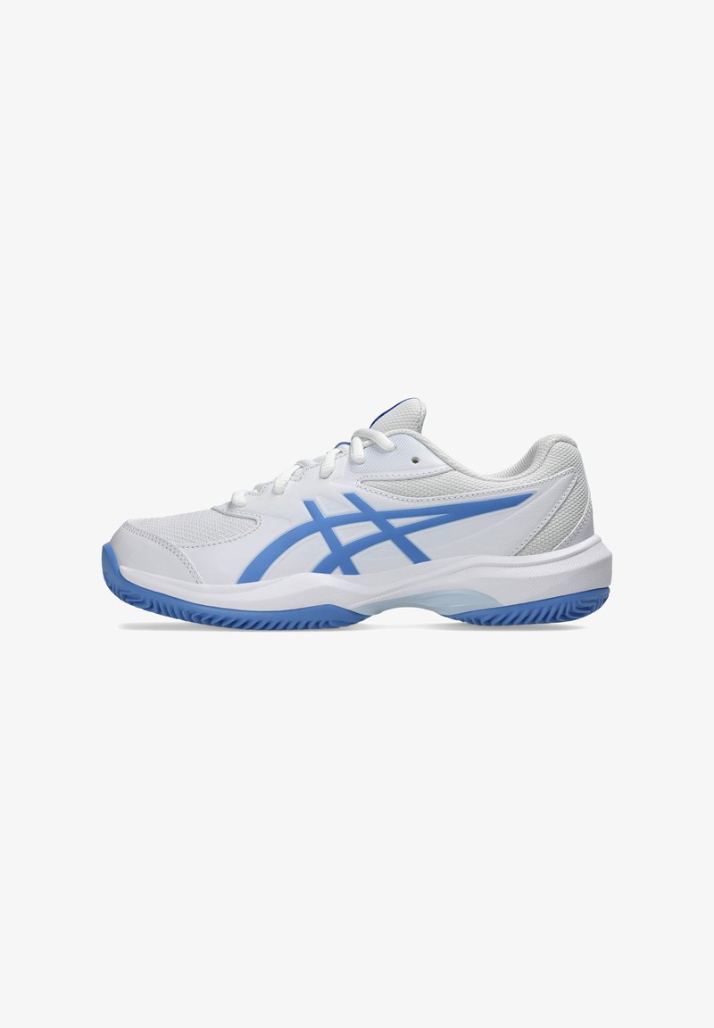 White athletic shoe with blue accents. Features mesh fabric, laces, padded collar, and durable sole with traction pattern.
