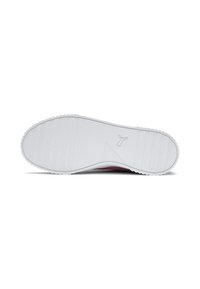 White sneaker outsole with textured grip patterns, featuring a slight curve and a minimal logo embossed near the heel area.