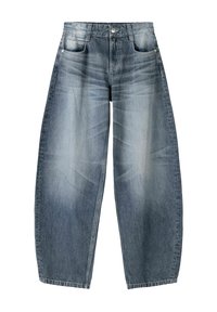 Högmidjade, vida jeans i blå denim med blekt tvätt, framfickor, knäppning med knapp och bälteshällor.