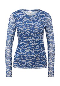 Blauwe lange mouwen shirt met een golvend wit patroon, ronde hals en lichtgewicht materiaal, met een licht doorschijnende textuur.