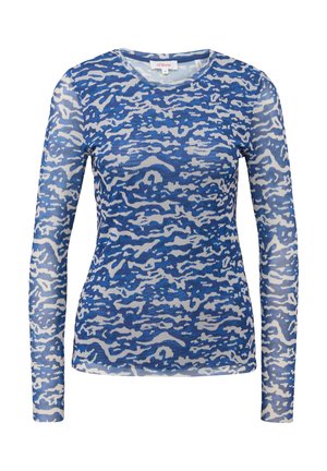 Blaues Langarmhemd mit wellenförmigem weißen Muster, Rundhalsausschnitt und leichtem Material, das eine leicht durchsichtige Textur aufweist.