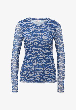 Blaues Langarmhemd mit wellenförmigem weißen Muster, Rundhalsausschnitt und leichtem Material, das eine leicht durchsichtige Textur aufweist.